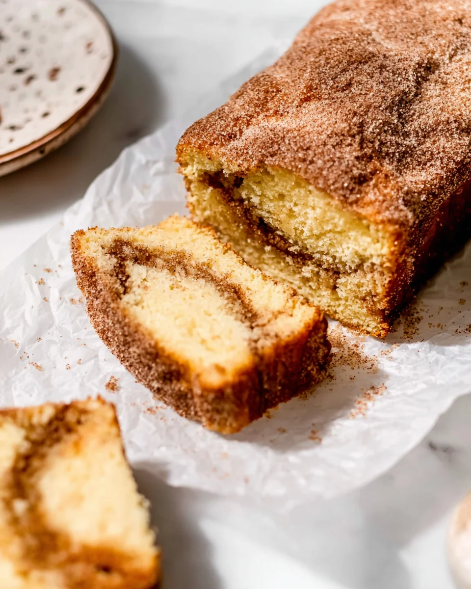 A loaf of cinnamon swirl bread on a white surface, with one slice cut and laid in front, showing the cinnamon filling.