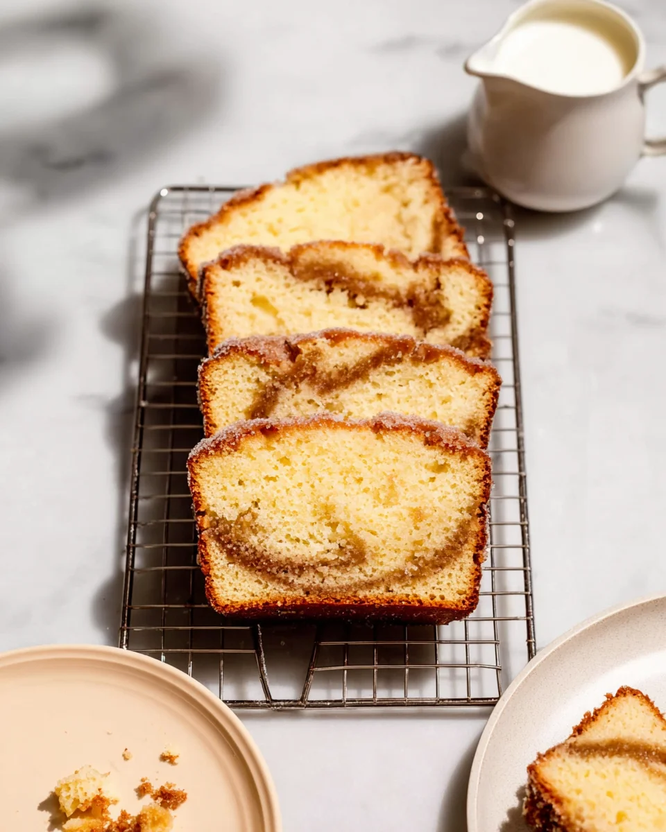 Four slices of marble cake on a wire rack, next to a small jug of milk and a jar of sugar on a light-colored surface.