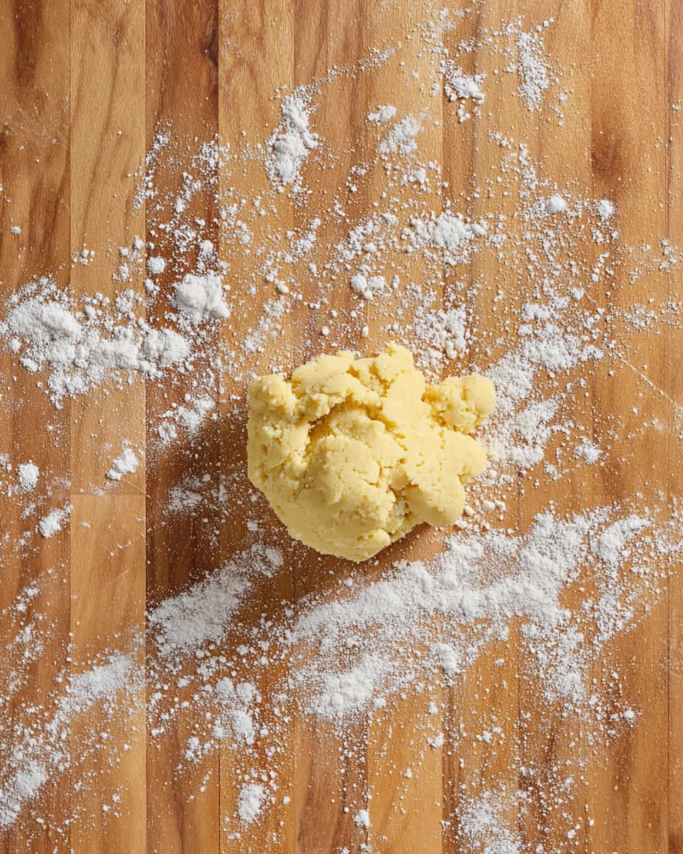 A ball of lemon shortbread dough sits on a wooden surface dusted with flour. The dough appears slightly crumbly and is centered among scattered flour. The wood has a natural grain pattern.