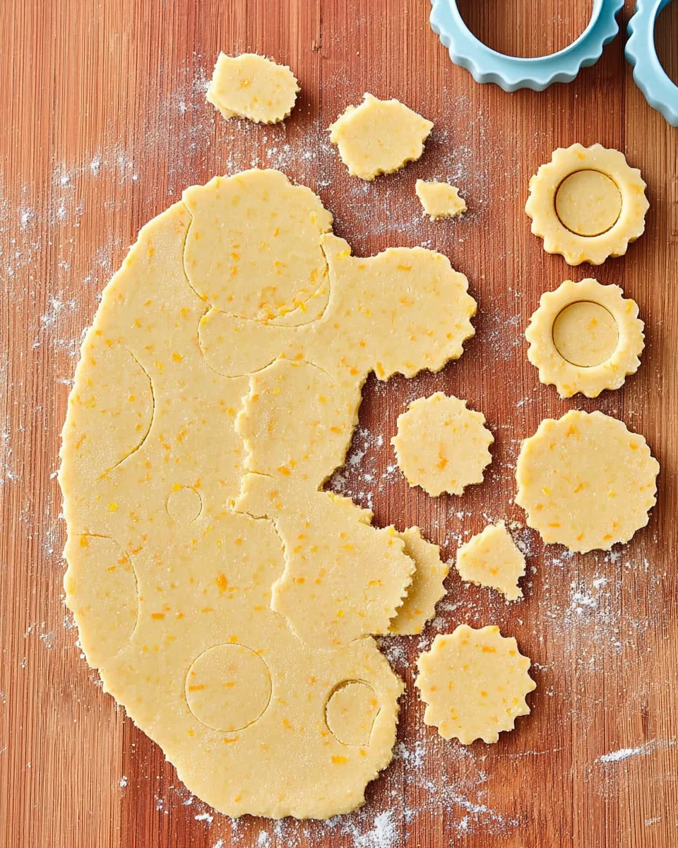 A wooden surface with rolled-out lemon shortbread dough has circular shapes cut out of it. Some dough circles remain on the board amidst light flour dusting. A round cookie cutter is partially visible on the right.