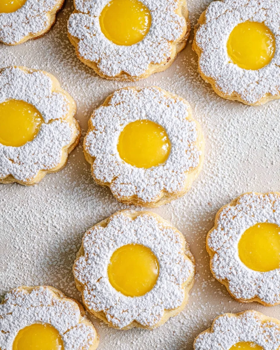 Lemon curd sandwich cookies with lemon curd in the center. The top of the cookies have a sprinkle of powdered sugar