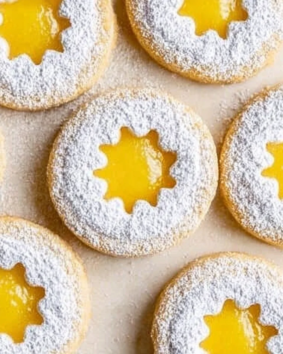 Lemon curd sandwich cookies with lemon curd in the center. The top of the cookies have a sprinkle of powdered sugar