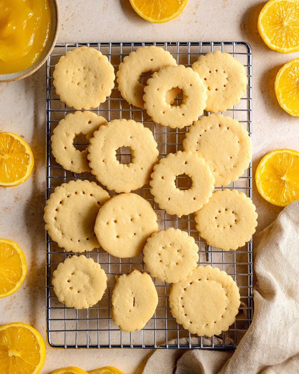 A stack of baked lemon shortbread cookies on a wire rack.  Half the cookies are solid and the other half have the center cut out.