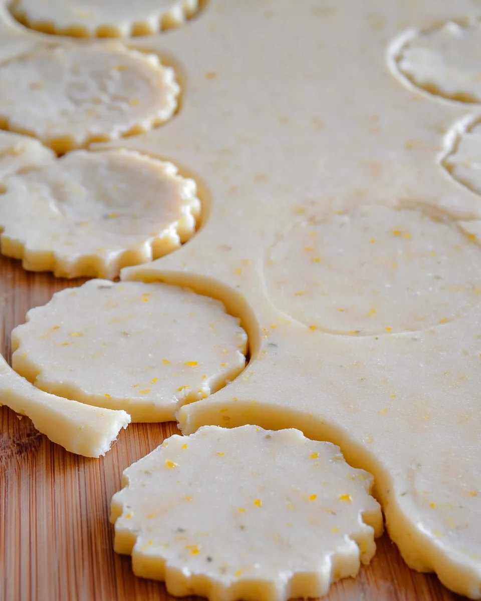 Side view of cookie dough rolled out and 2-inch cookies cut with round cookie cutter