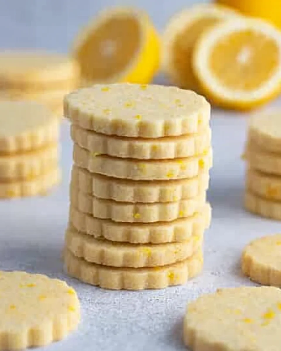 A stack of 6 lemon shortbread cookies surrounded by cookies and fresh lemon