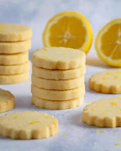 A stack of 6 lemon shortbread cookies surrounded by cookies and fresh lemon