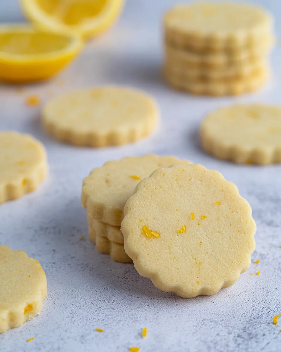 Lemon shortbread cookies in short stacks on a hard surface