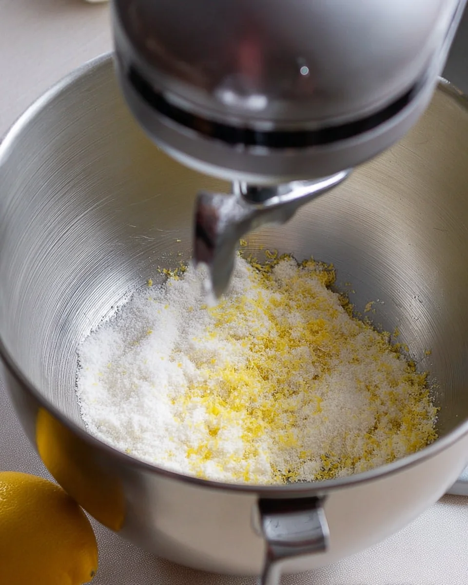 Sugar and lemon zest in bowl of electric stand mixer