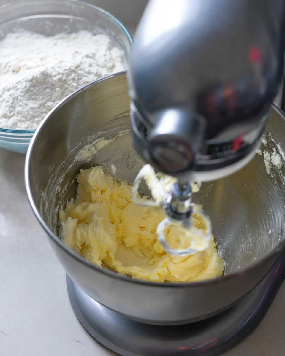 Butter and sugar mixed together in electric stand mixer until creamy and smooth