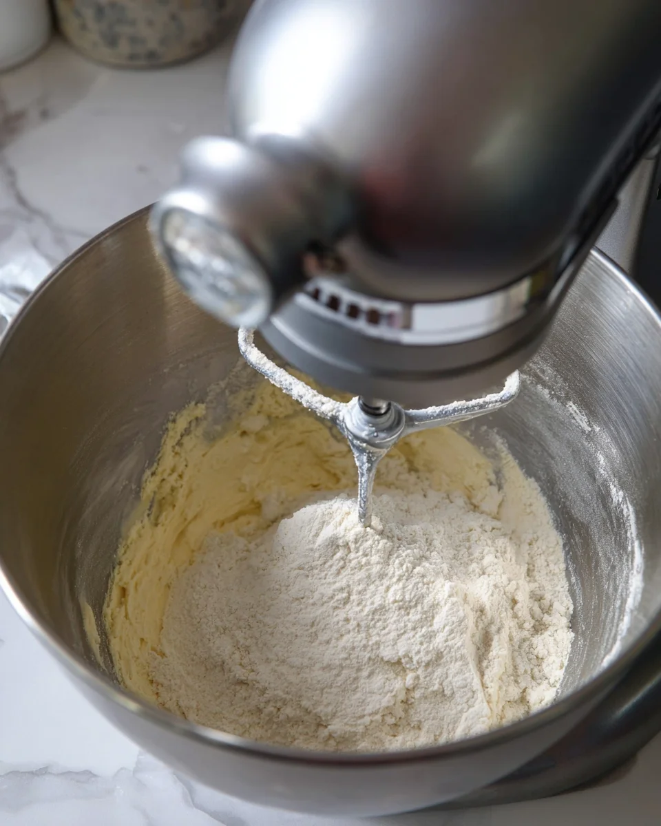 The flour has been added to the sugar and butter mixrture