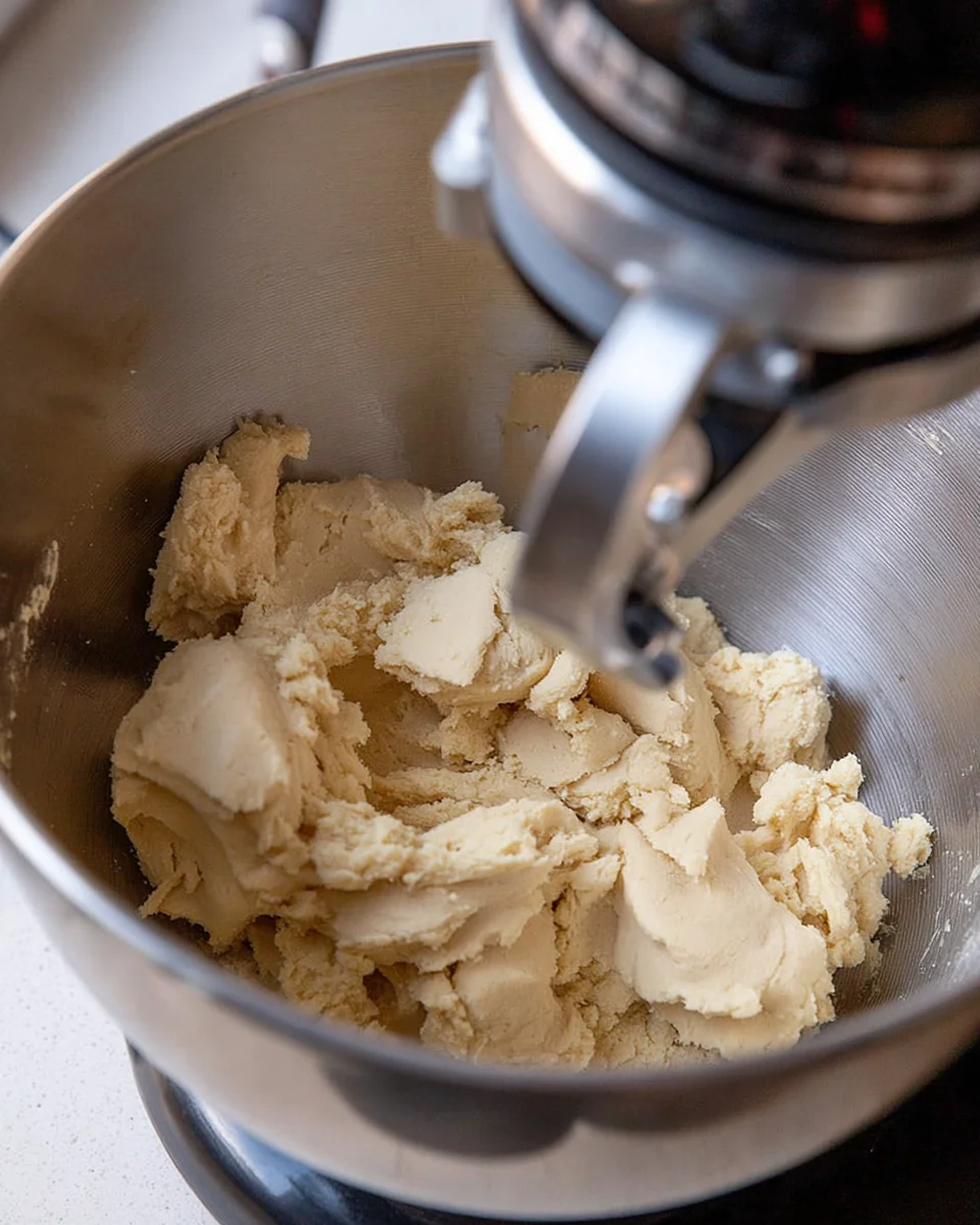 Lemon shortbread cookie dough in bowl of electric stand mixer