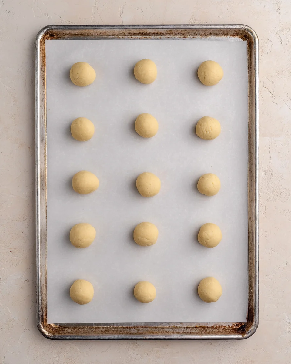 Twelve unbaked cookies lined up on a parchment lined baking sheet