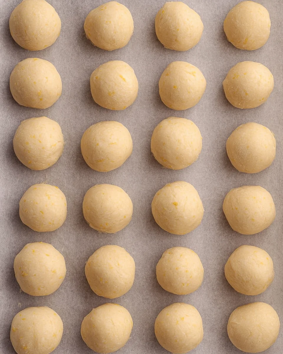 The cookie dough formed into small balls and lined up on a parchment lined baking sheet