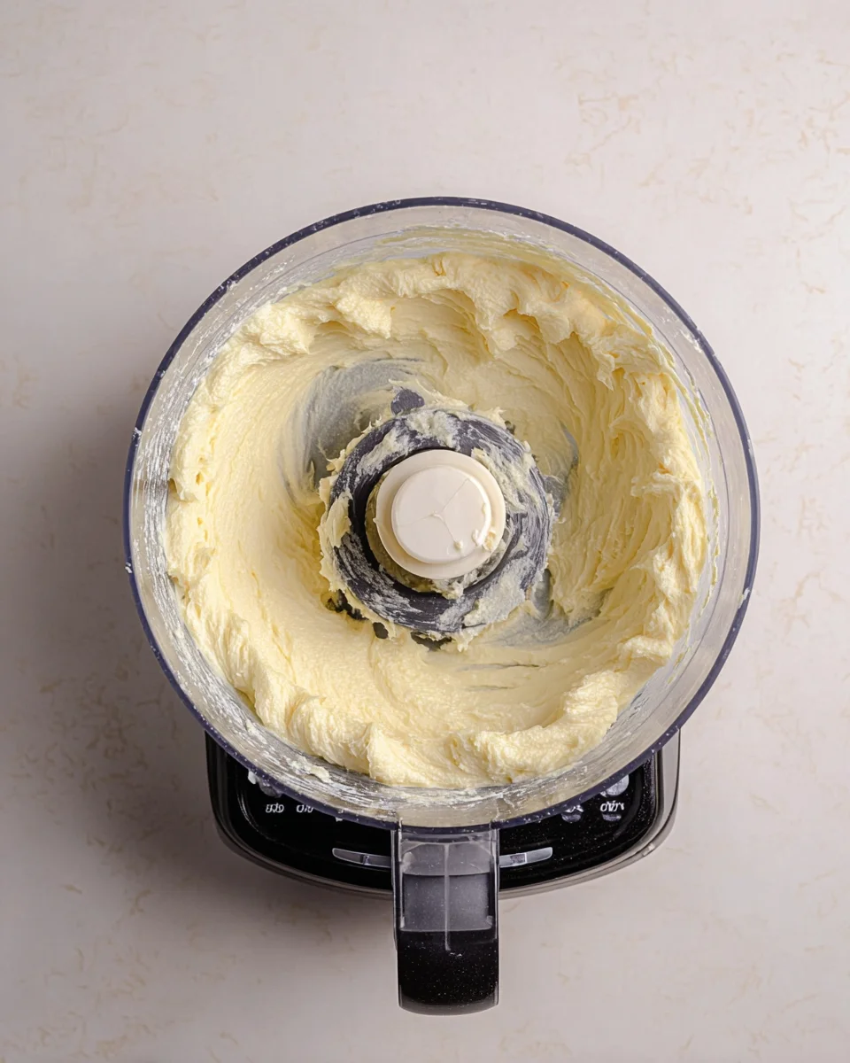 The powdered sugar, butter, and lemon zest mixed together in the bowl of a food porcessor.  The mixture looks creamy.