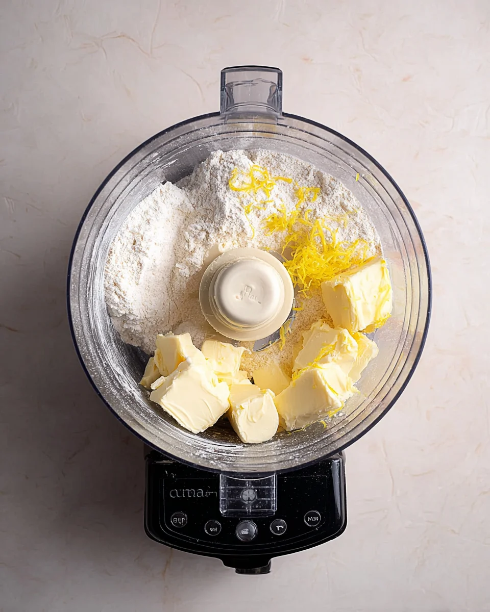 Powdered sugar, butter, and lemon zest in the bowl of a large food processor