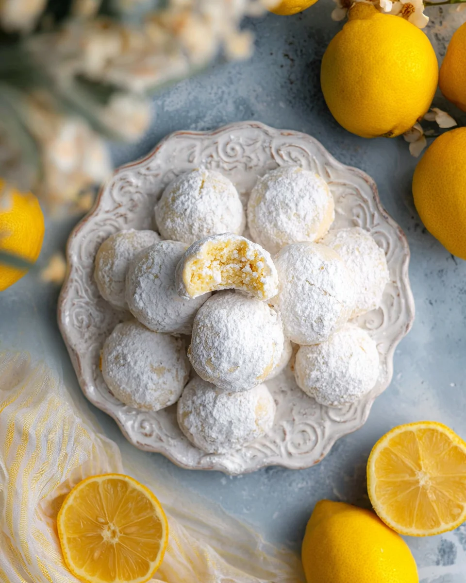 A pile of lemon snowball cookies on a small white platter.  The platter is surrounded by fresh lemons