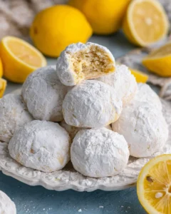 A pile of lemon snowball cookies on a small white platter