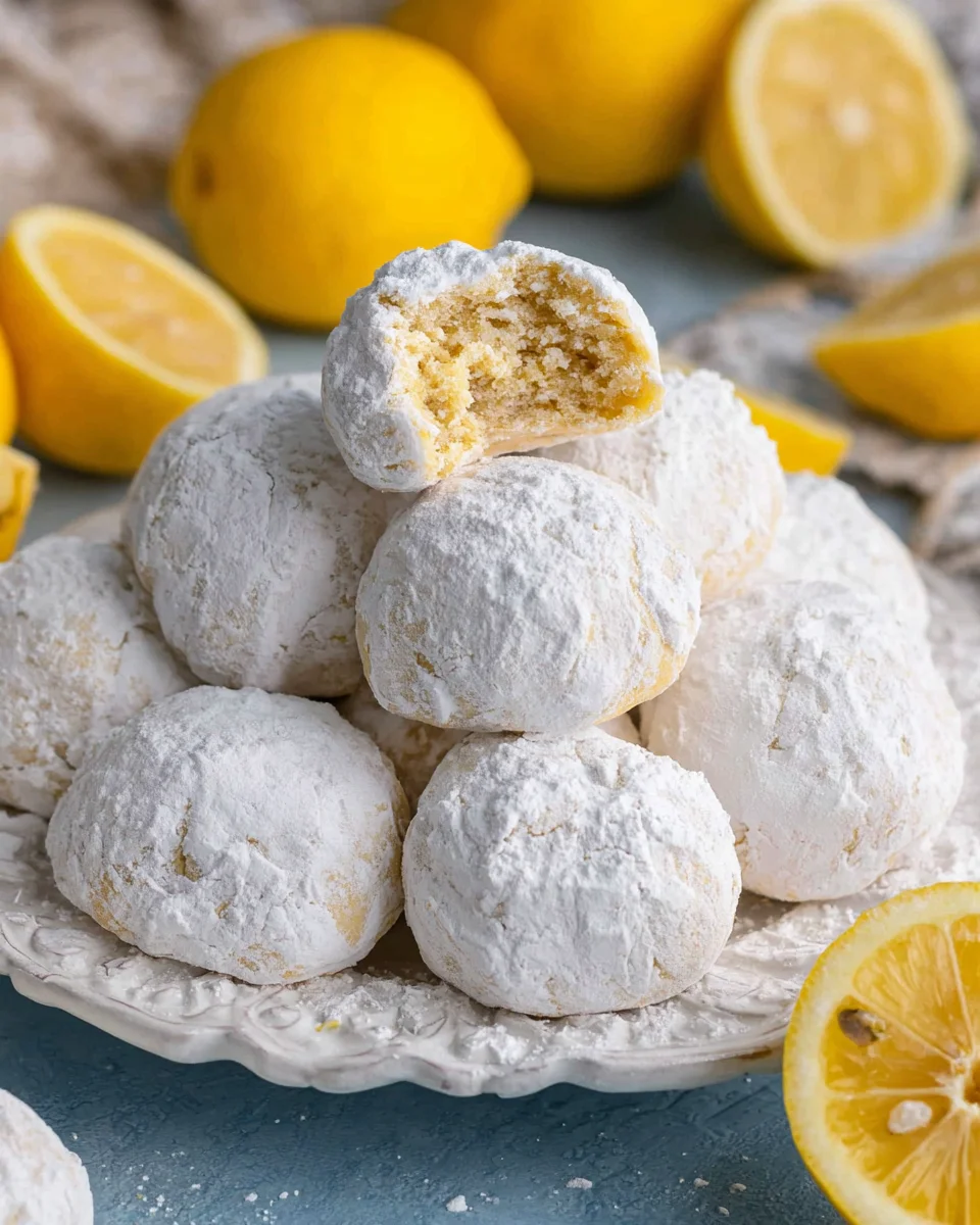 A pile of lemon snowball cookies on a small white platter