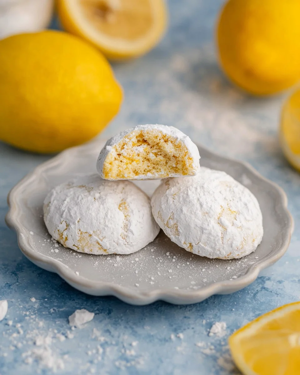 Three snowball cookies arranged on a small plate.  One cookie has a bite taken out of it.