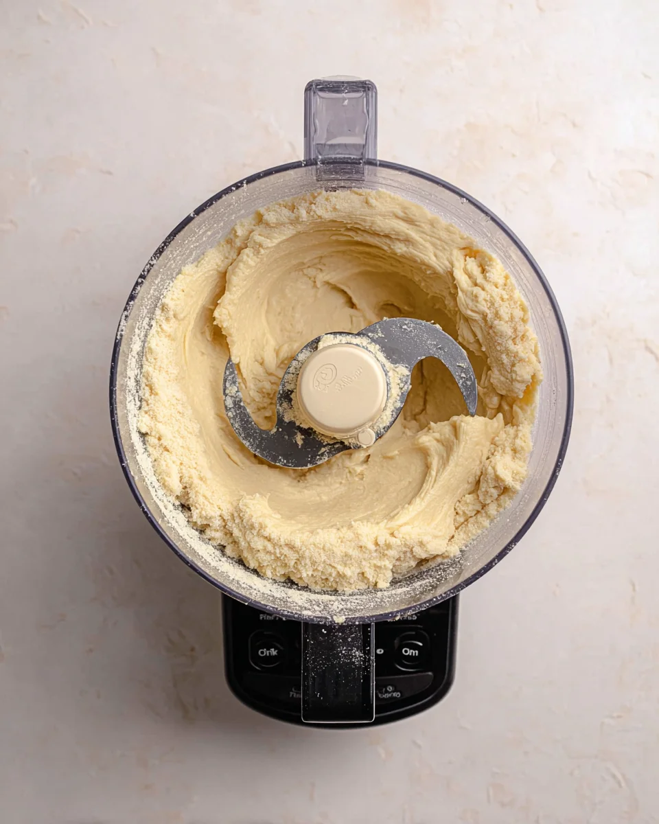 The lemon snowball cookie dough after the flour has been mixed in. The dough as started to come together and form a ball