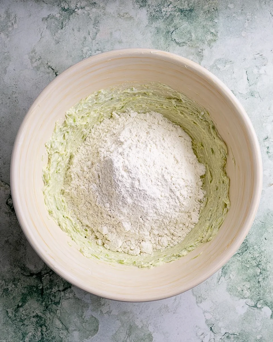 Lime shortbread cookie dough in a large bowl with the flour poured on top