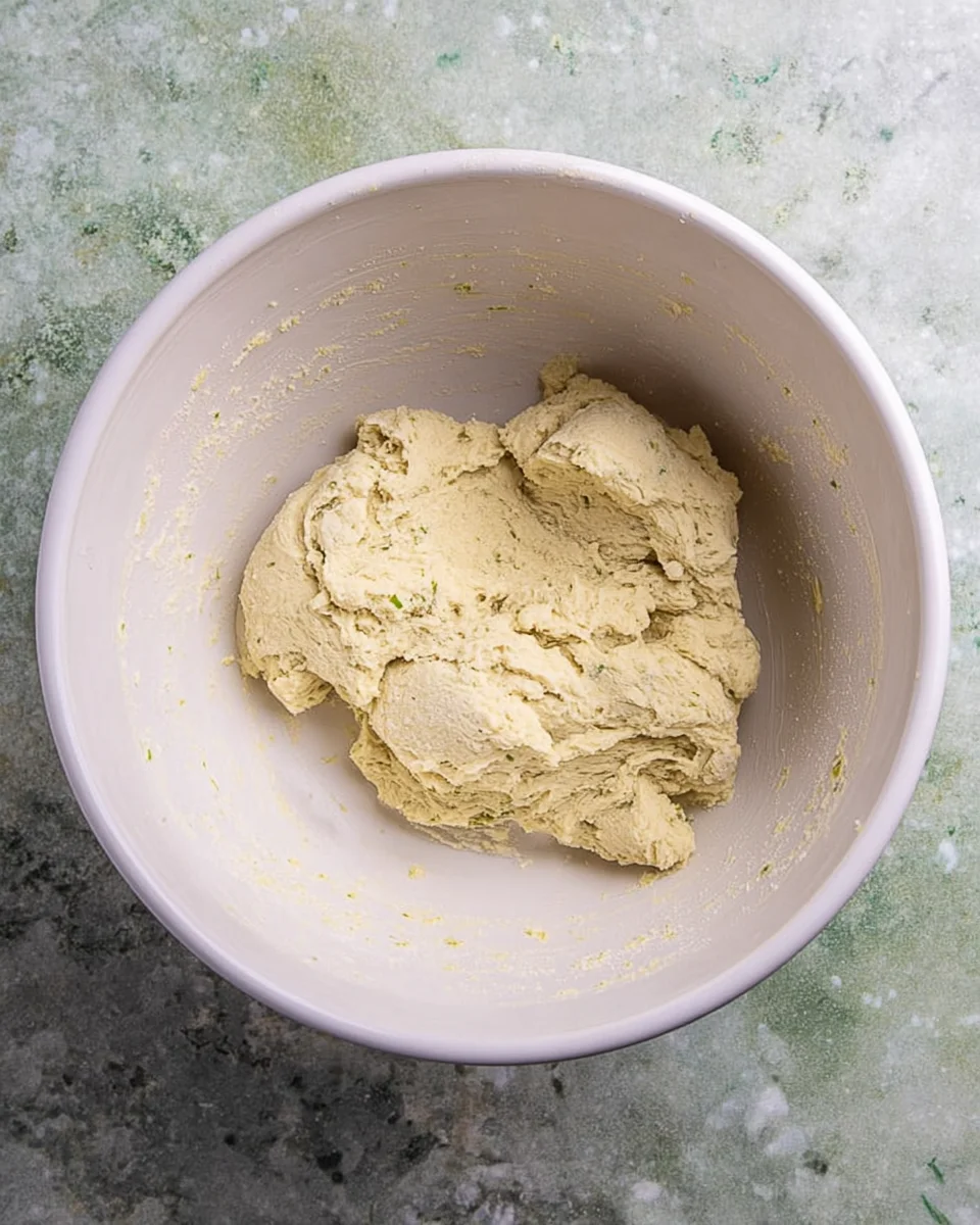 Lime shortbread cookie dough in a large ceramic mixing bowl