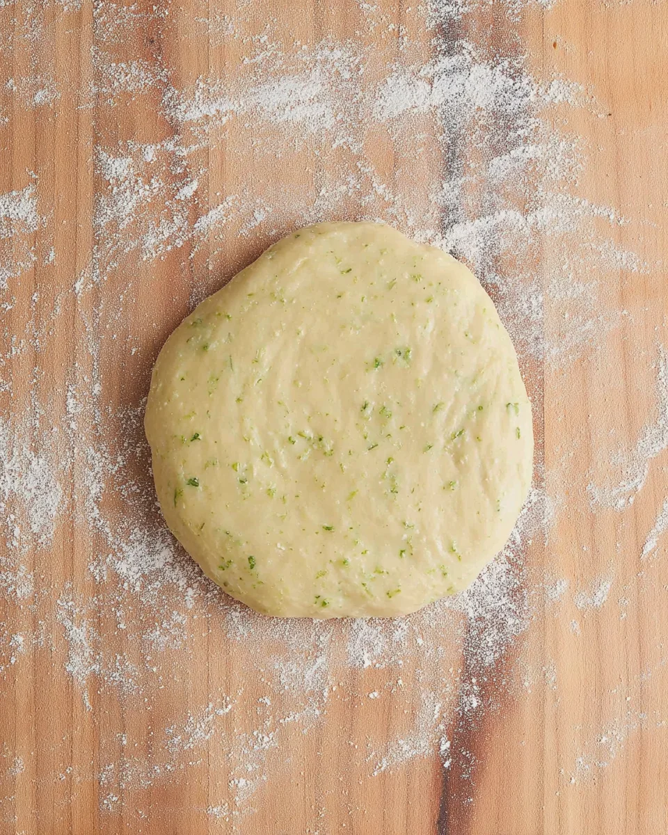 Lime shortbread cookie dough on a wooden work surface shaped into a disc