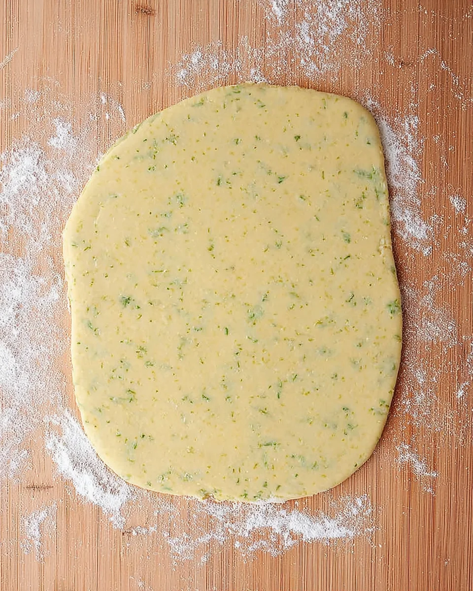 Lime shortbread cookie dough rolled on a wooden work surface