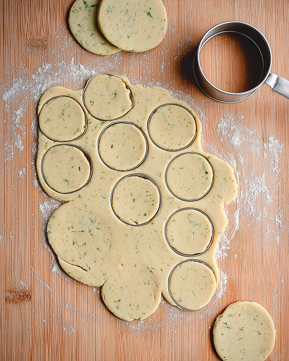 Lime shortbread cookie dough on a wooden work surface with 2-inch circles cut out of the cookie