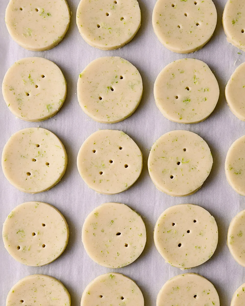 The unbaked cookies arranged in rows on a parchment lined baking tray