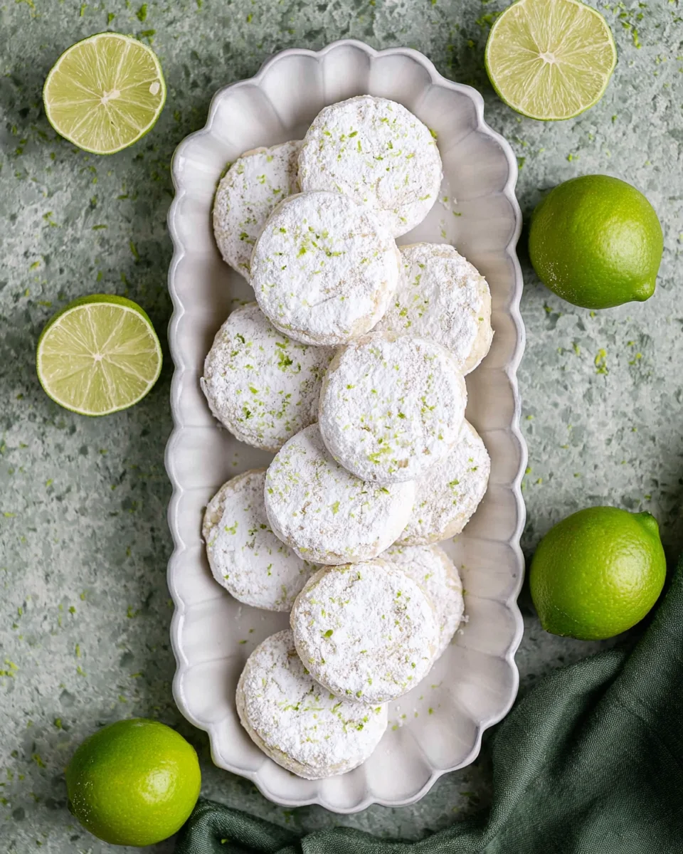 Several lime shortbread cookies with powdered sugar  arranged on a long rectangular platter with fresh limes near the platter