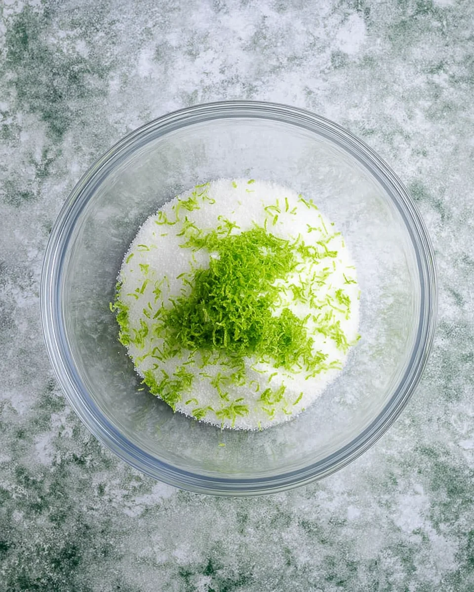 A small glass bowl filled with sugar and lots of lime zest