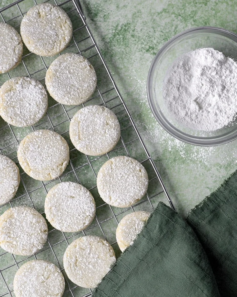 Lime shortbread cookies covered with powdered sugar on a wire cooling rack.  There is a small bowl with powdered sugar and a couple of cookies next to the wire rack.