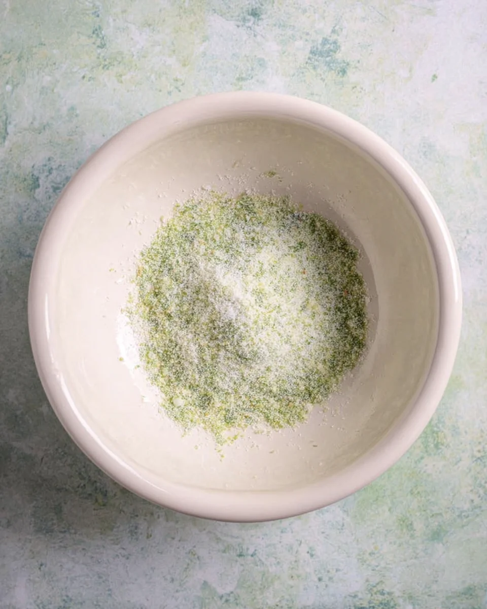 The lime sugar mixture in a ceramic mixing bowl.  The sugar looks green