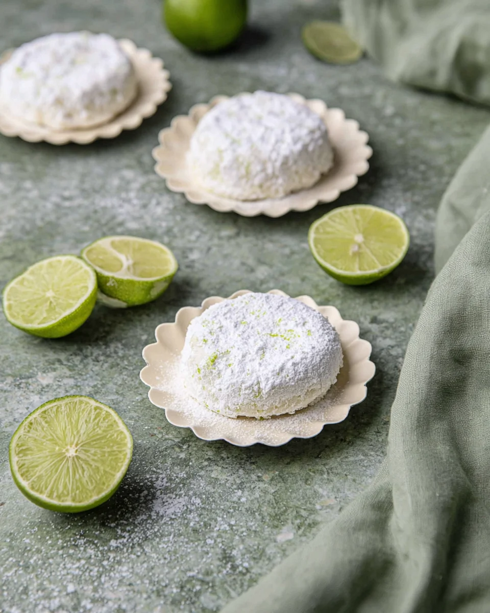 Two small plates with 2 lime shortbread cookies on each plate