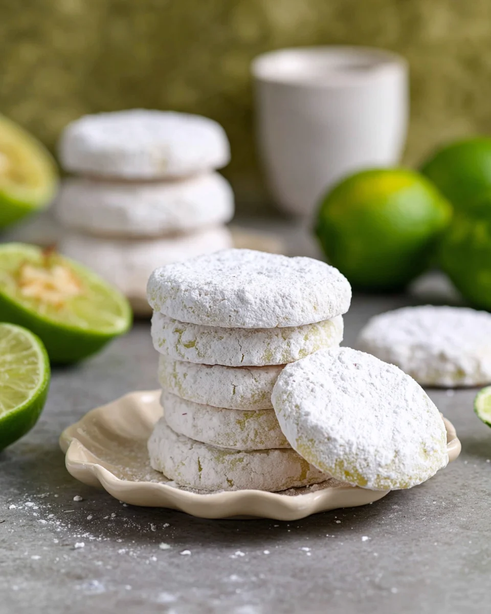 Two small stacks of lime shortbread cookies on two small plates with a teacup and small limes in the background.