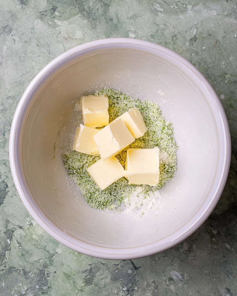 The lime sugar mixture and butter in an off white ceramic mixing bowl