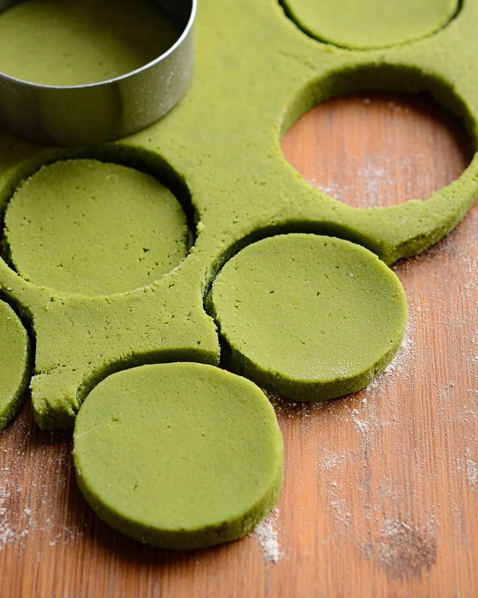 Matcha shortbread cookie dough rolled out on a wooden surface, with circular shapes cut out using a metal cookie cutter. Some circles remain in the dough, while others have been removed. Flour is lightly dusted on the surface. Matcha shortbread cookie dough rolled out on a wooden surface, with circular shapes cut out using a metal cookie cutter. Some circles remain in the dough, while others have been removed. Flour is lightly dusted on the surface.