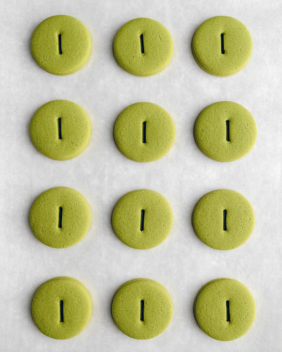 Baked matcha cookies on parchment lined half baking sheet Baked matcha cookies on parchment lined half baking sheet
