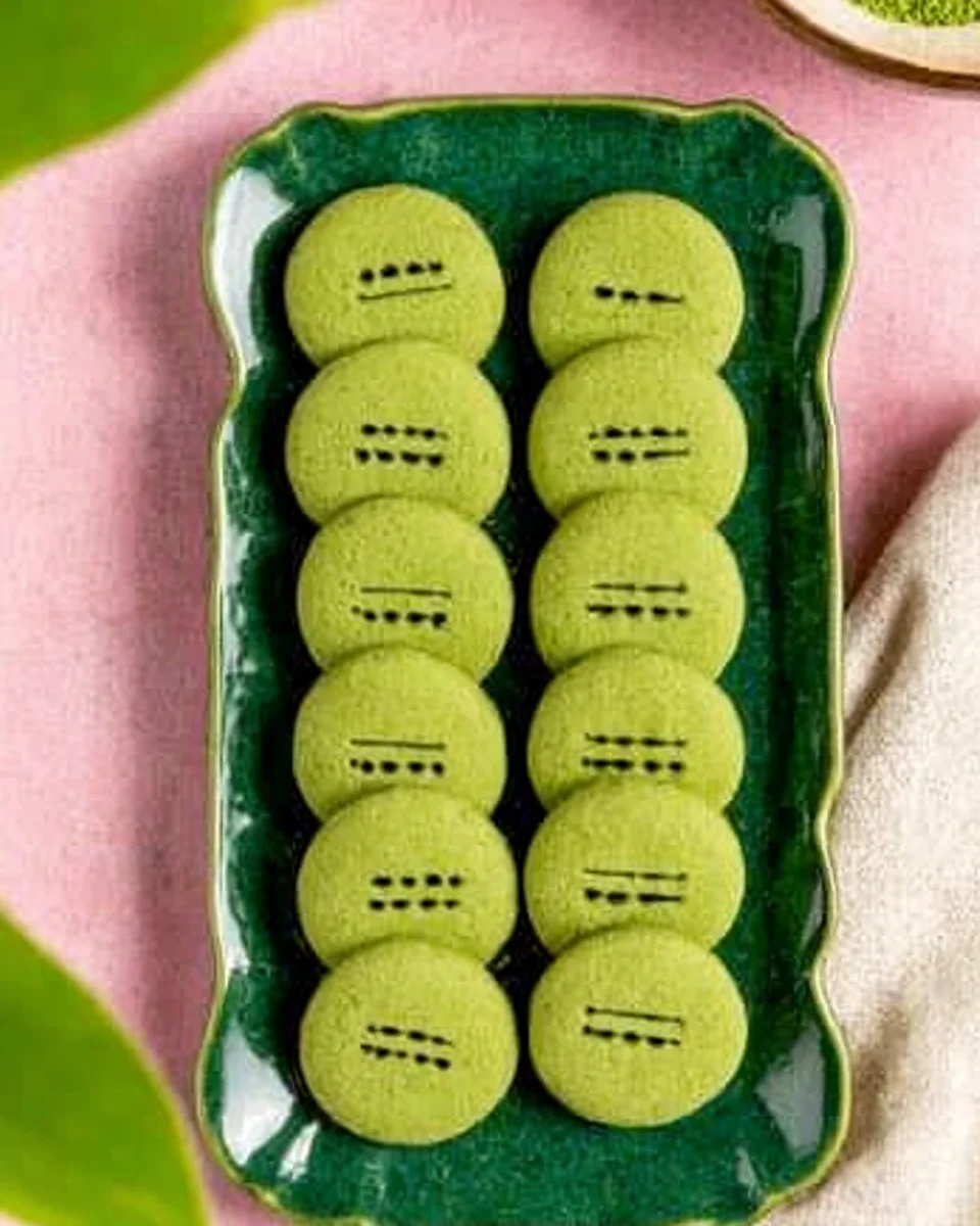 A rectangular green tray with 2 rows of green matcha shortbread cookies. There are 2 cups of tea and a bouquet of flowers nearby. A rectangular green tray with 2 rows of green matcha shortbread cookies. There are 2 cups of tea and a bouquet of flowers nearby.
