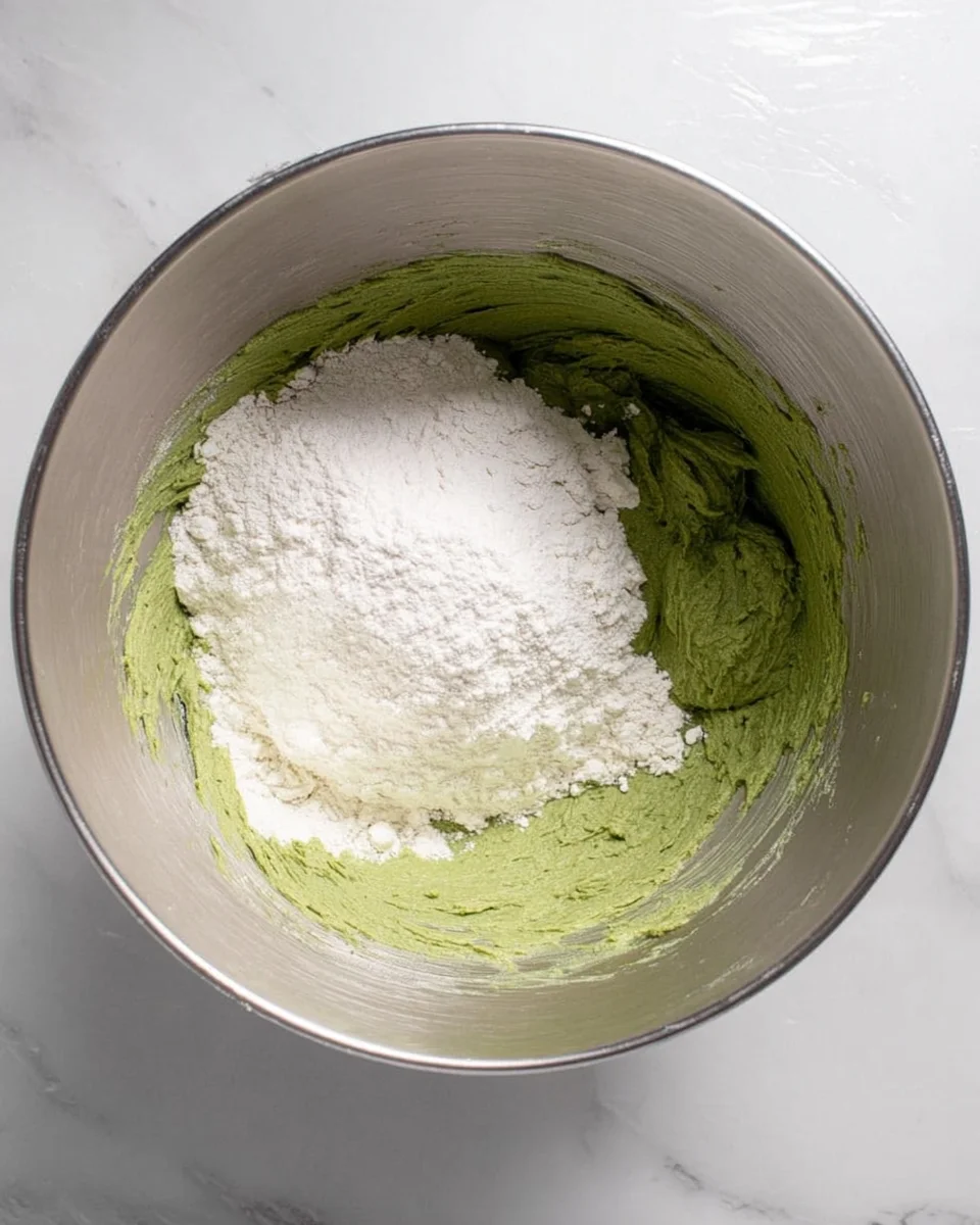 A stainless steel mixing bowl with unbleached all-purpose flour on top of creamed butter, sugar, and matcha powder A stainless steel mixing bowl with unbleached all-purpose flour on top of creamed butter, sugar, and matcha powder