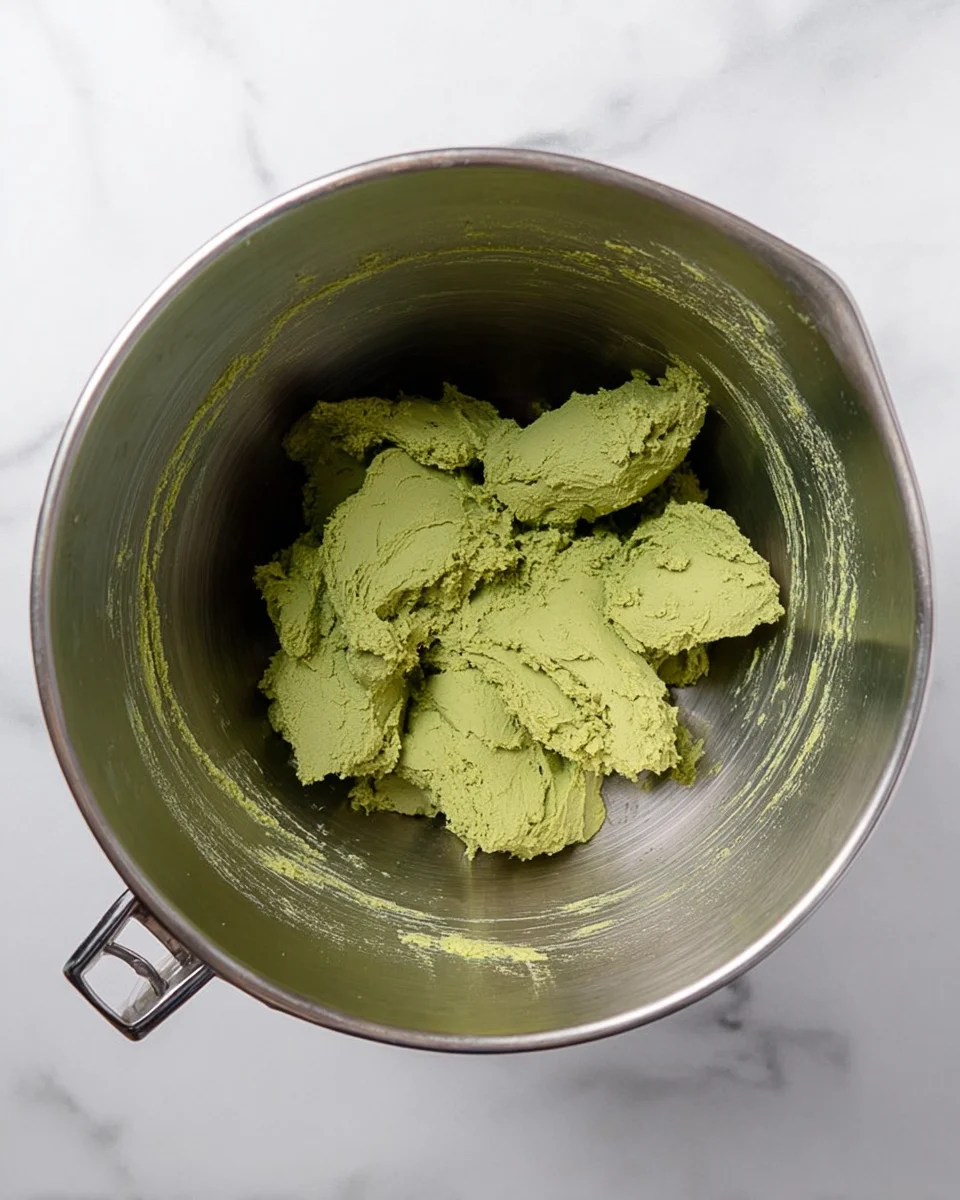 A large stainless steel mixing bowl with matcha shortbread cookie dough A large stainless steel mixing bowl with matcha shortbread cookie dough