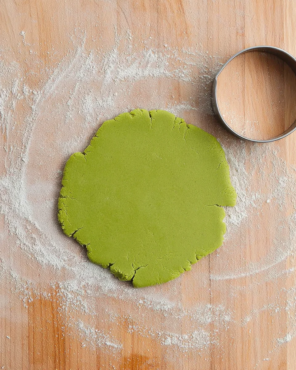 Rolled out matcha shortbread cookie dough on a wooden work surface Rolled out matcha shortbread cookie dough on a wooden work surface