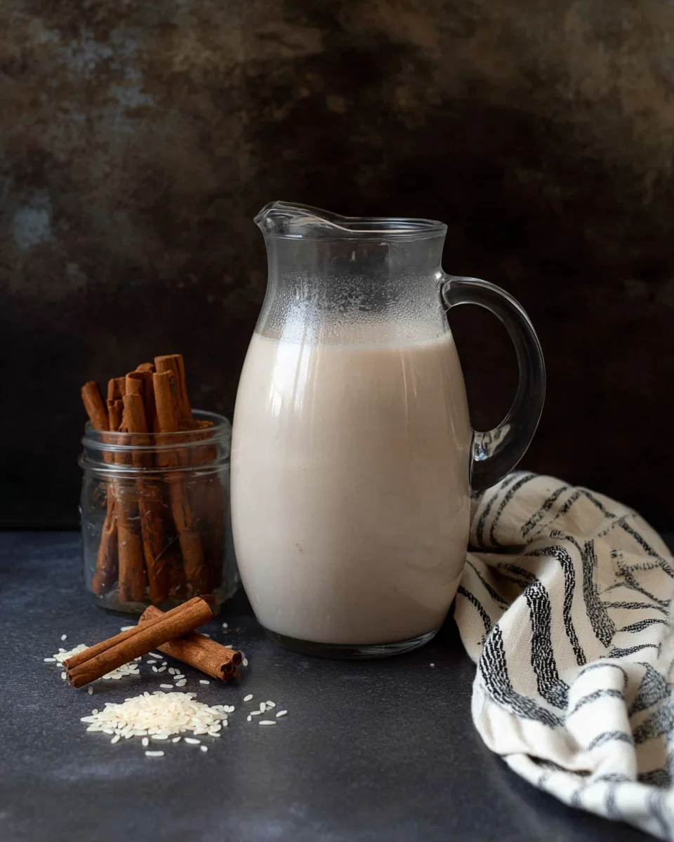 Chilled rice horchata in a big serving jug with cinnamon sticks on the side.