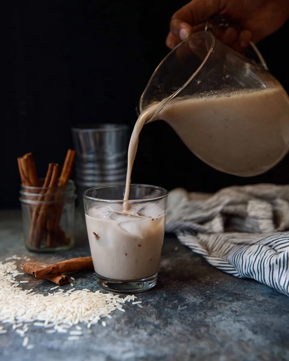 Pouring chilled horchata into an ice filled glass.