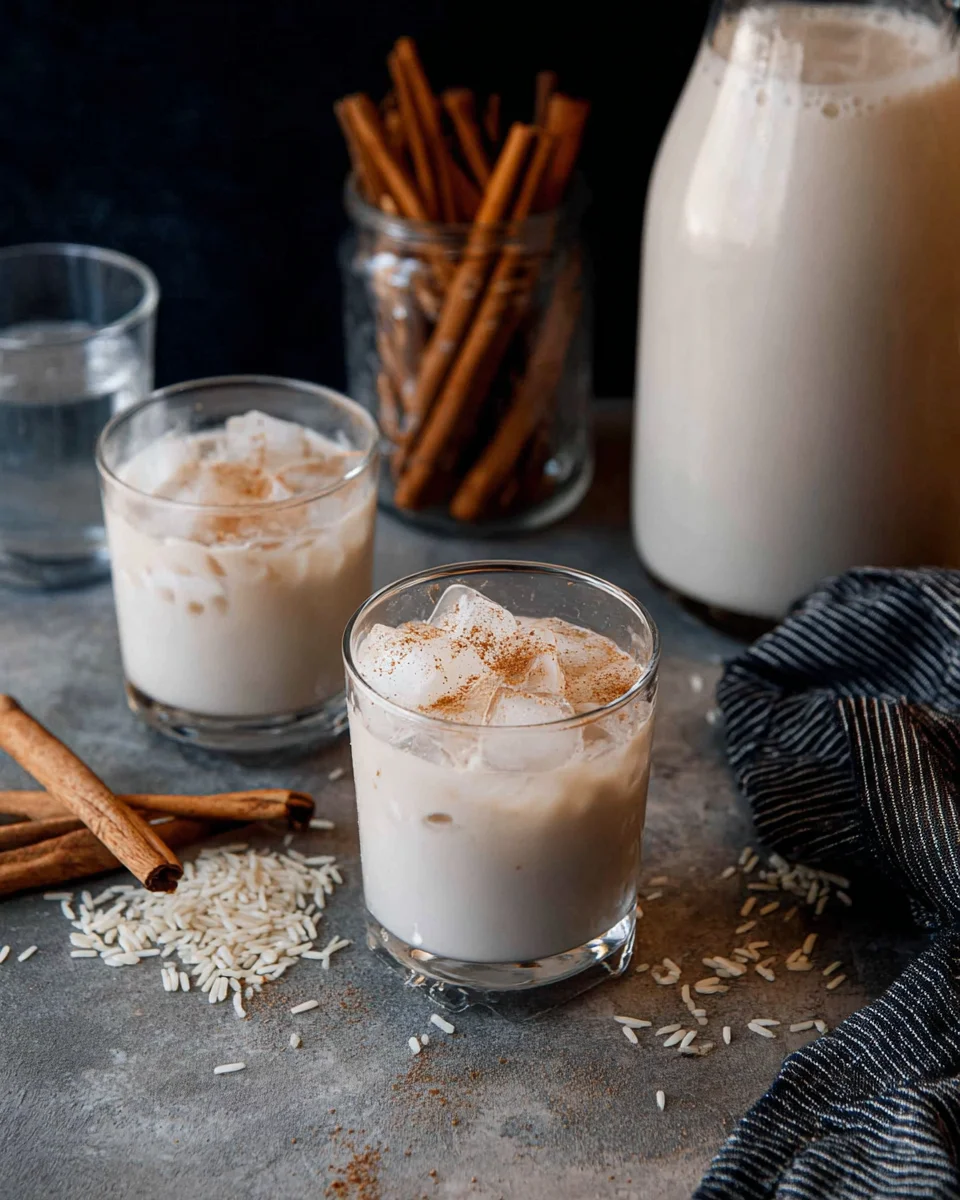 Mexican rice milk (horchata) in a glass, served with ice and a sprinkling of cinnamon on top.