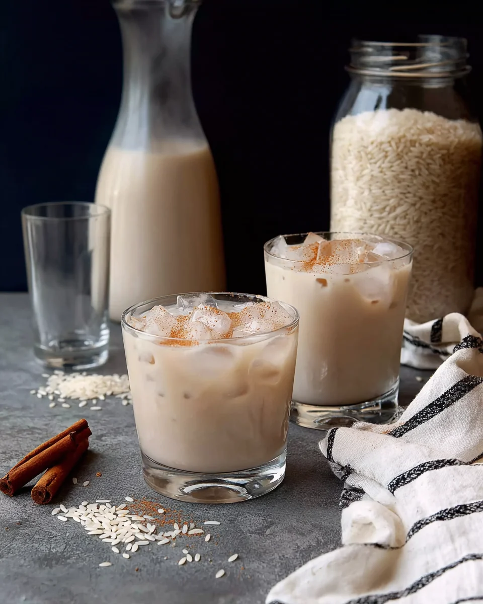 Serving Mexican horchata in a glass with a sprinkling of cinnamon on top.