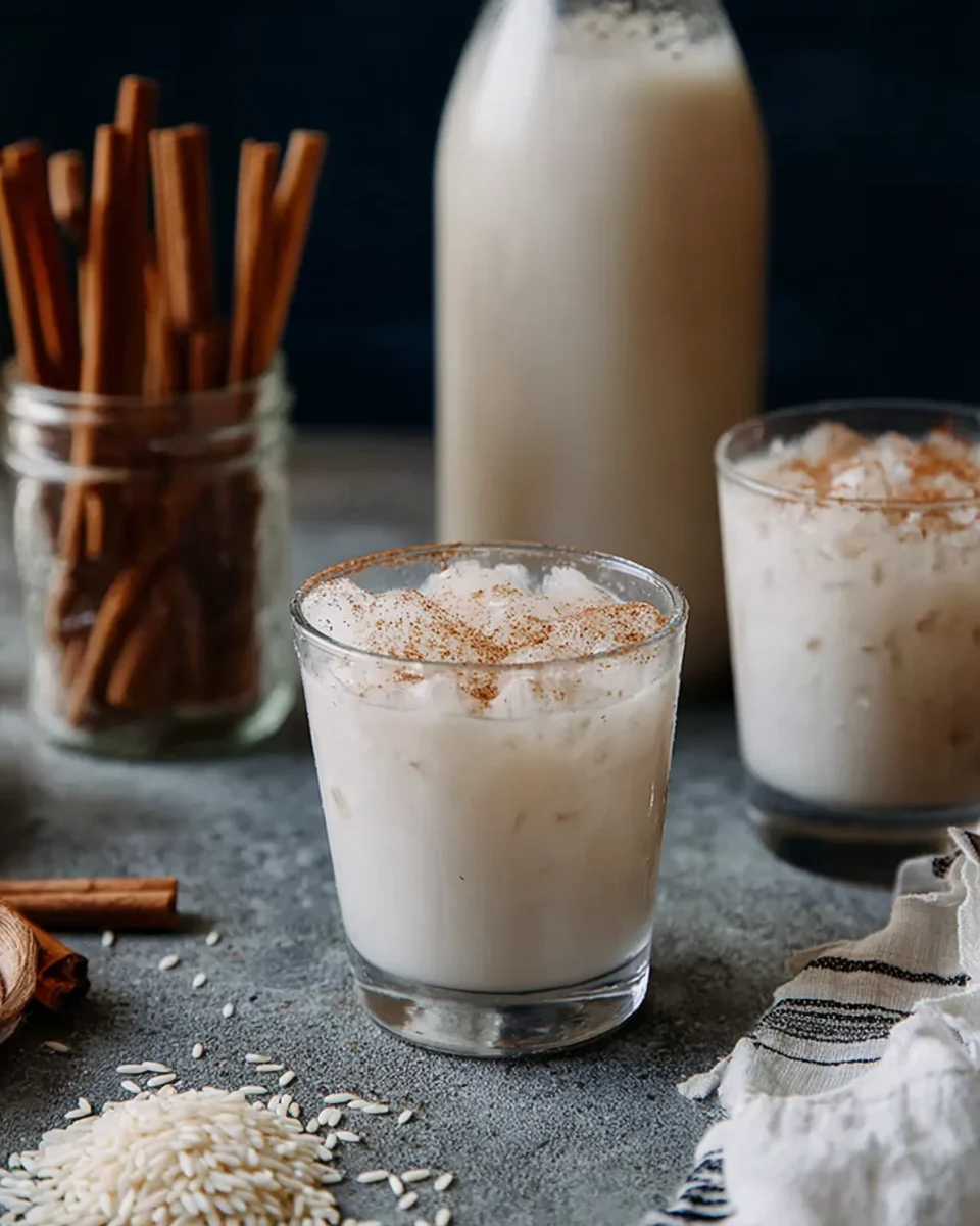 Close up of two serving glasses with ice, filled with Mexican horchata.