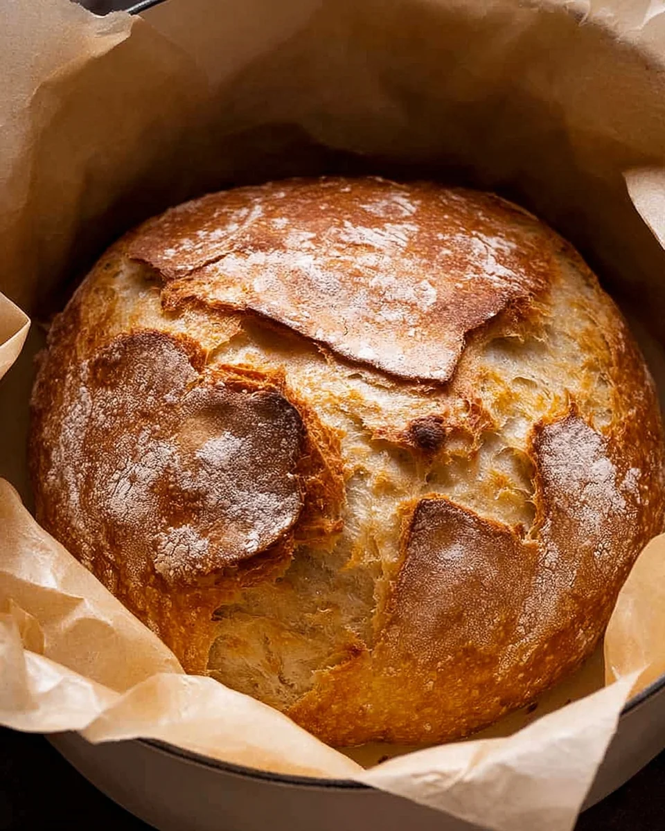 Artisan style no knead bread in a dutch oven, fresh out of the oven