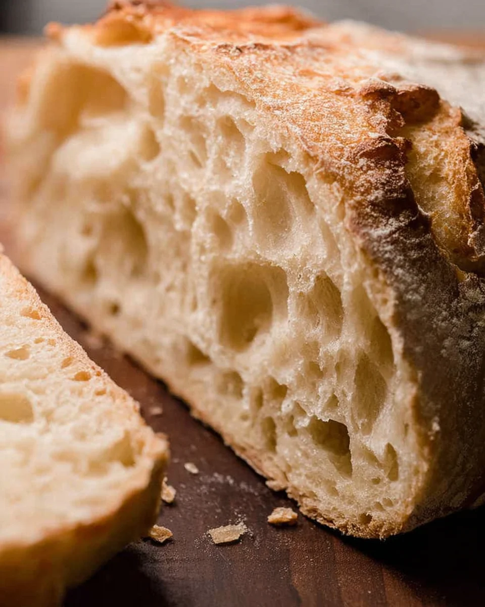Close up showing large holes in slice of artisan style bread made from scratch